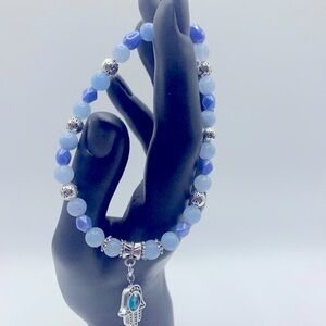 Evil Eye Charm, Blue Jade, Glass & Pewter Bead Stretch Bracelet